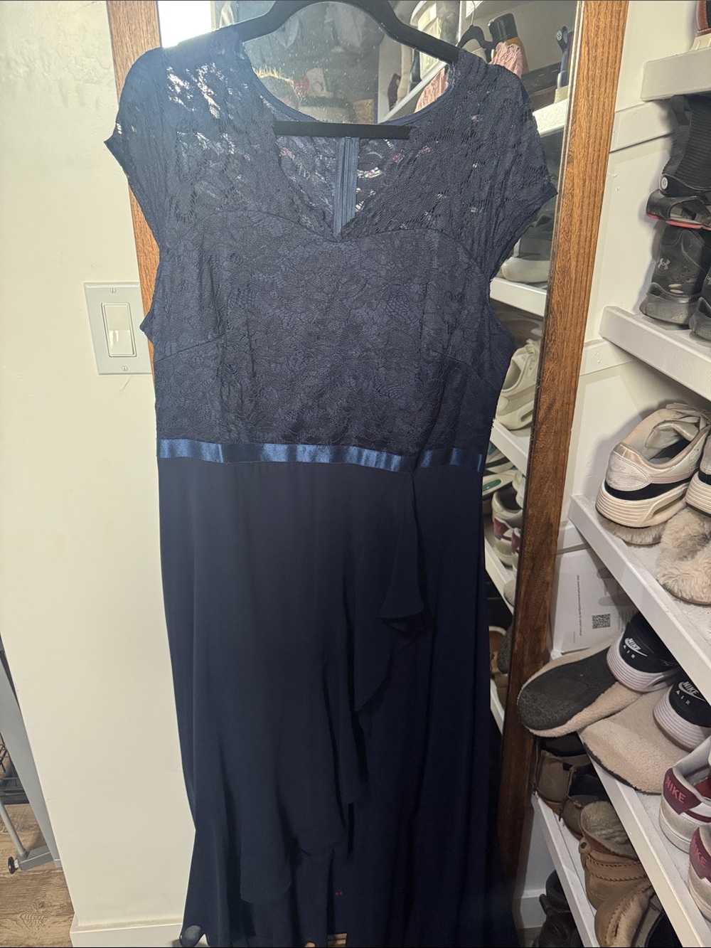 Navy Lace Overlay Cap Sleeve Evening Dress